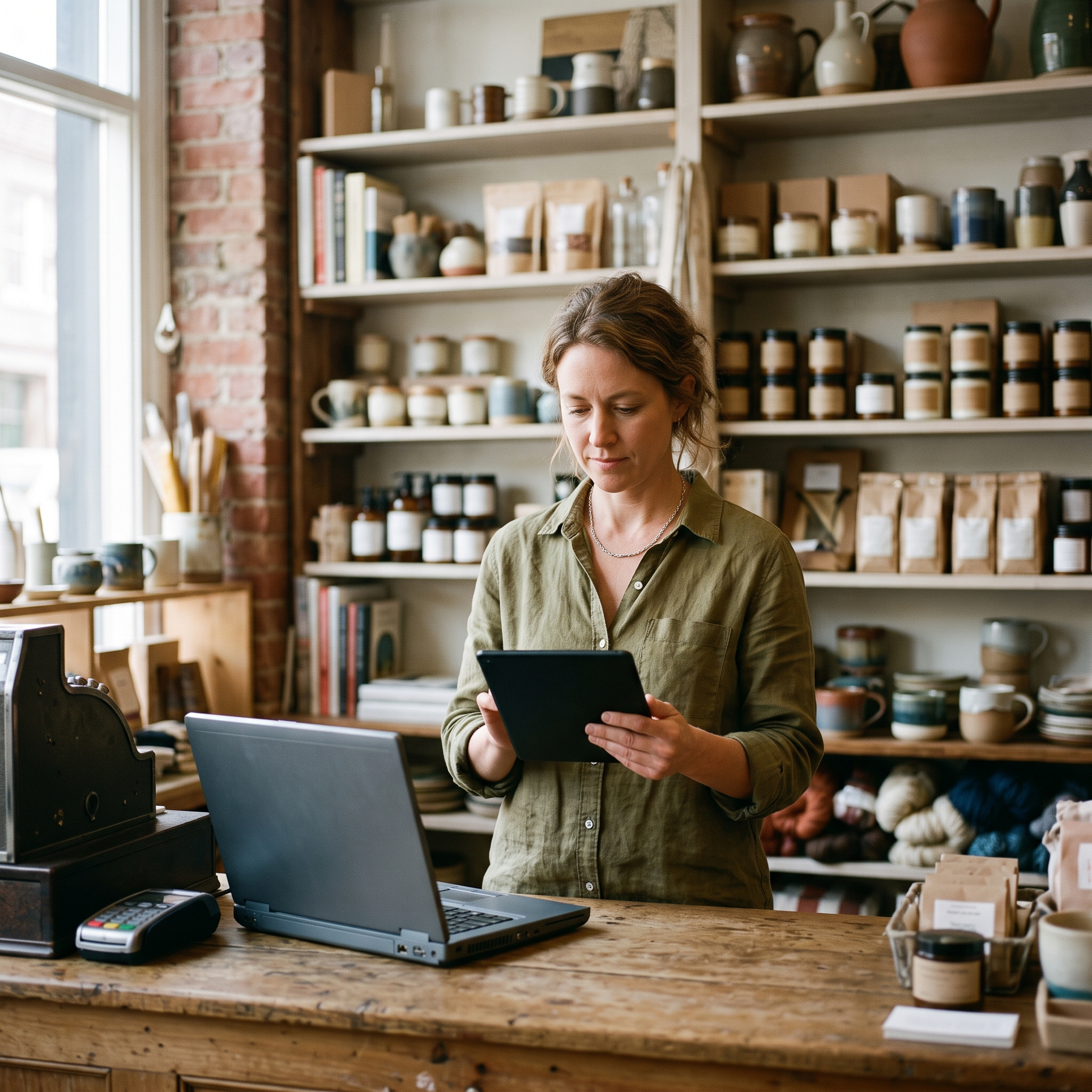 Retailer at the counter checking a tablet while running one store with in-store and online inventory