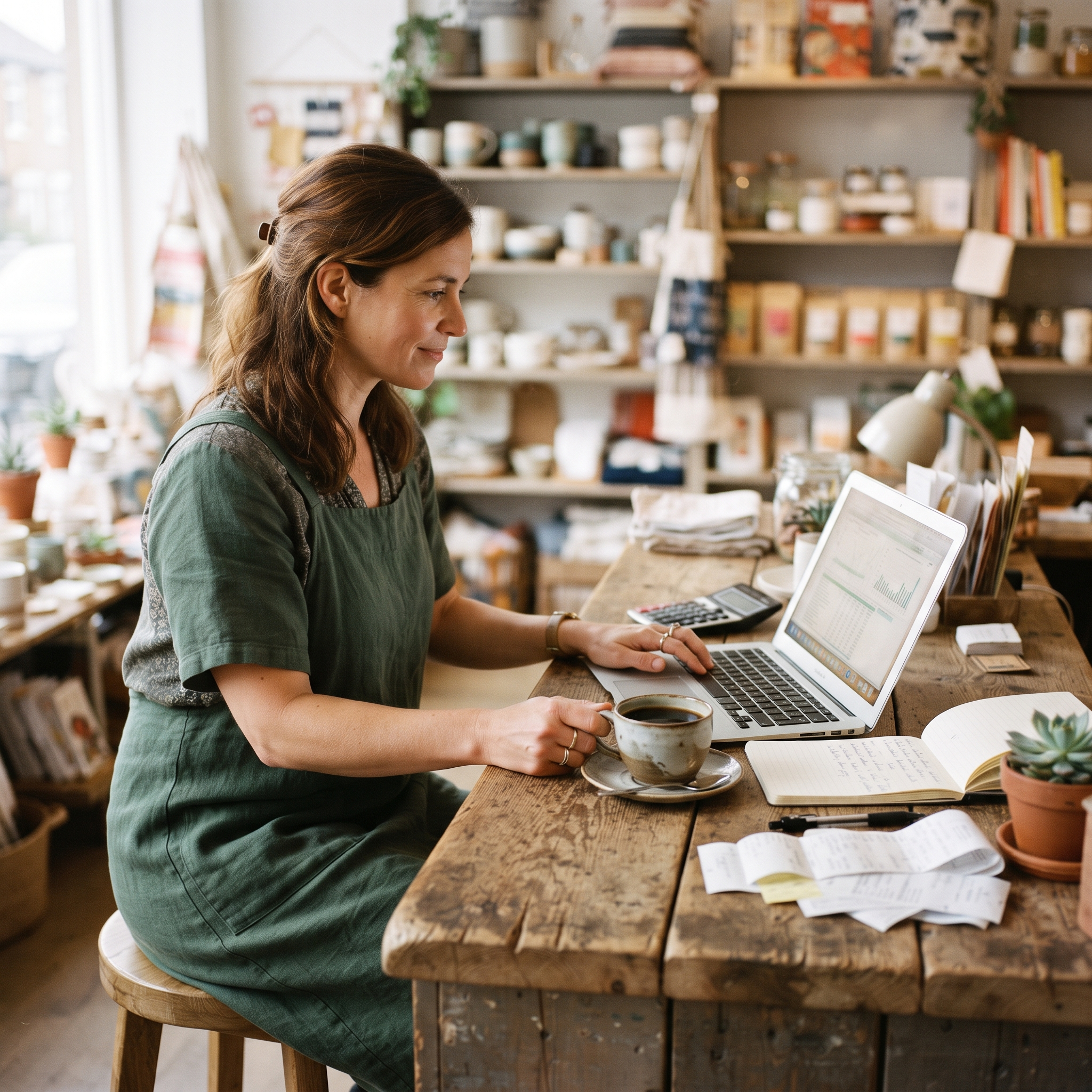 A retail shop owner calculating their true monthly software cost on a laptop with a calculator and receipts