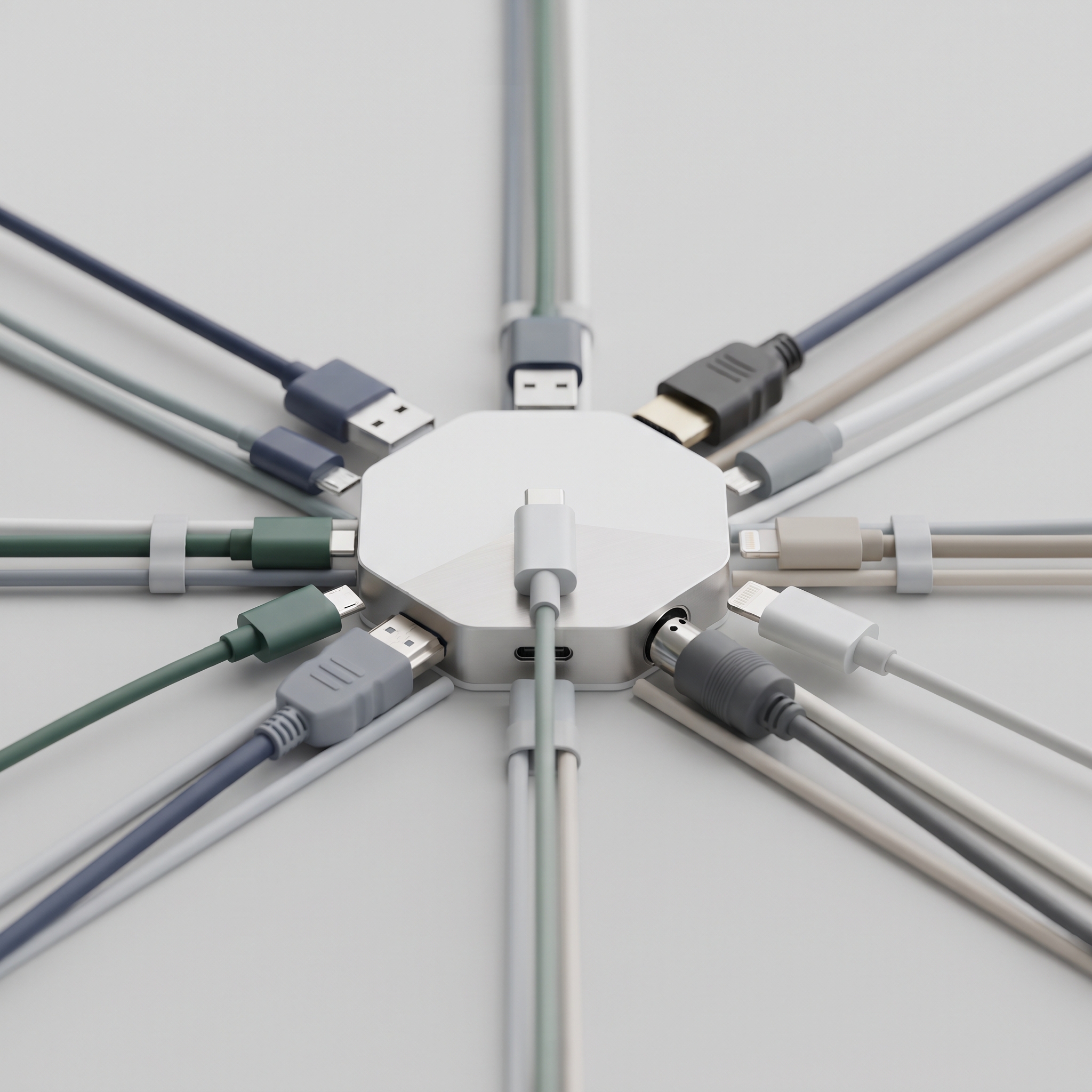 Many different plugs converging into one standard port, illustrating how an MCP server gives AI tools one shared connector