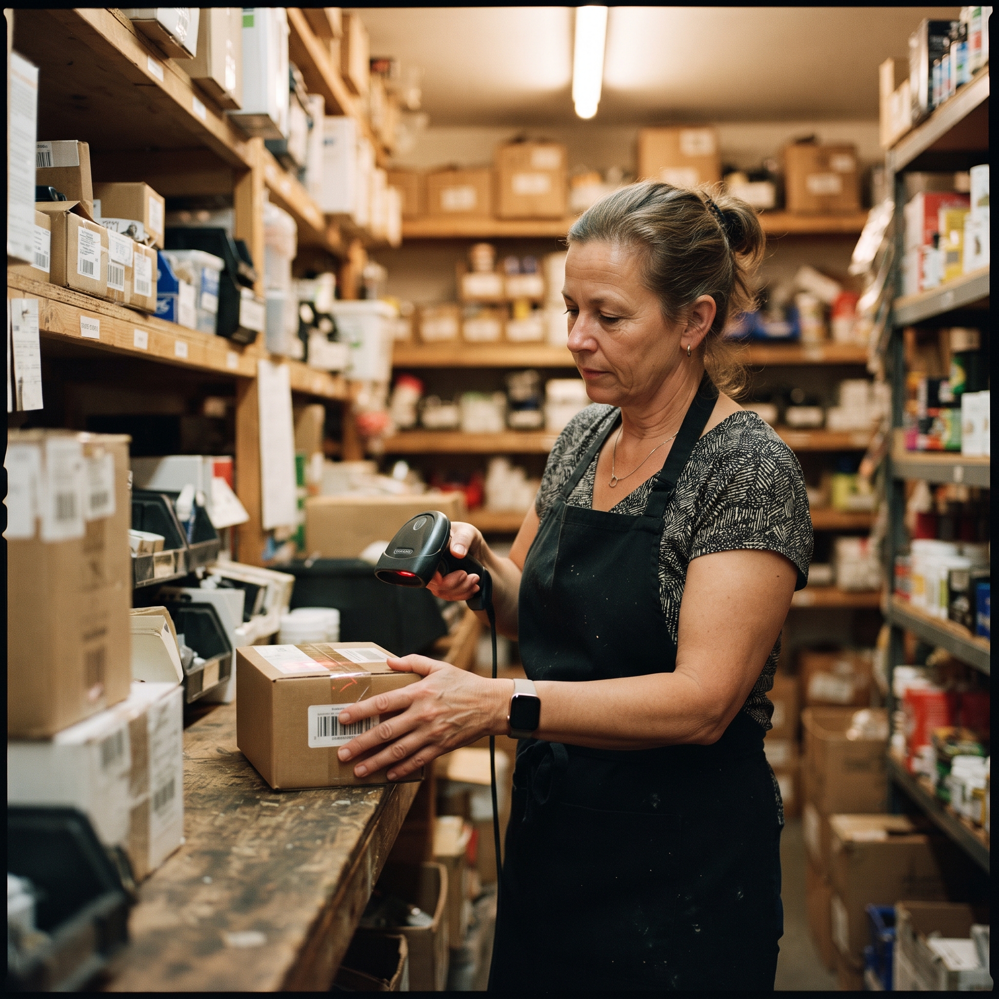 Merchant scanning stock with a barcode scanner — SKUs and stocktakes are core POS terminology for inventory
