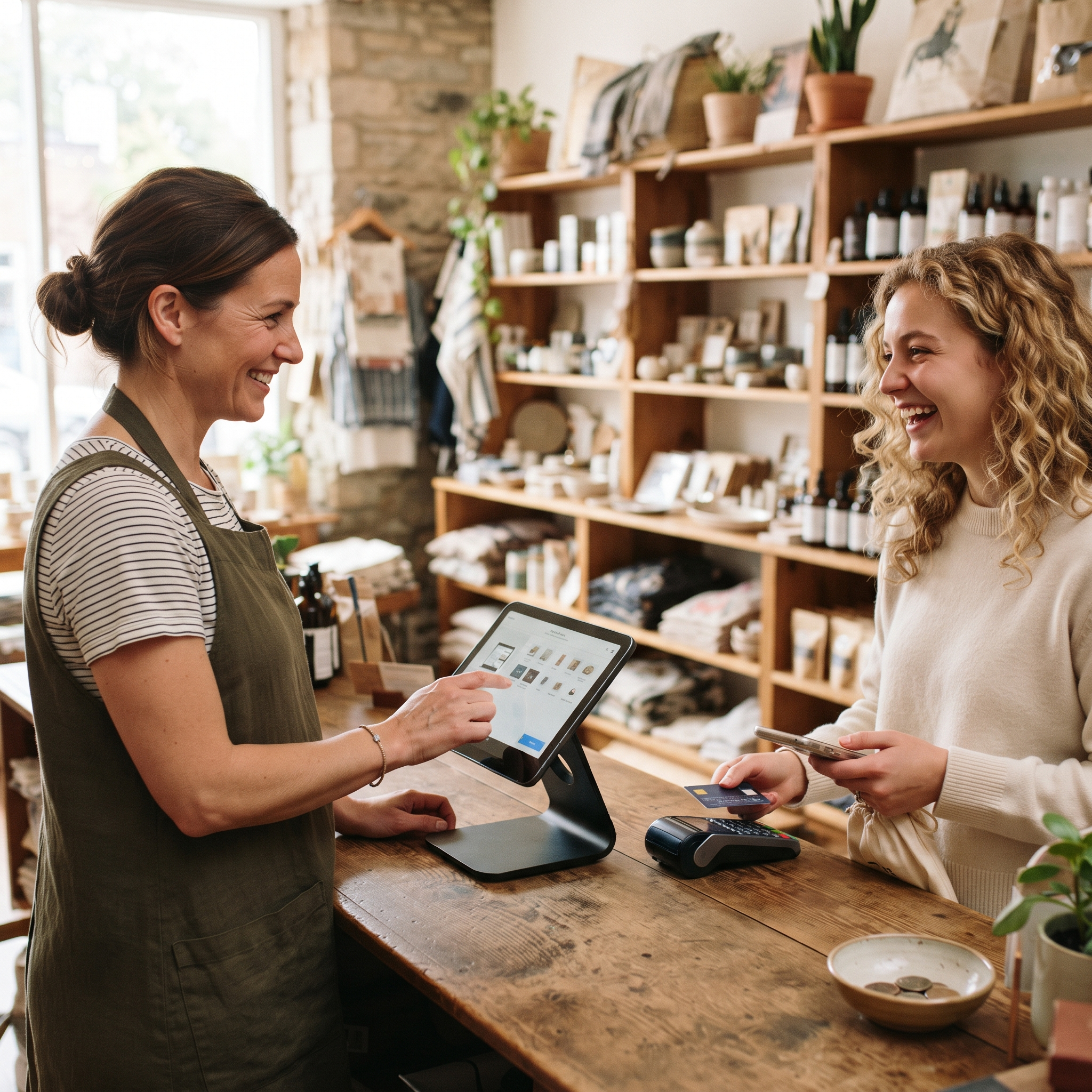 A shop owner ringing up a customer on a point-of-sale tablet at their retail counter