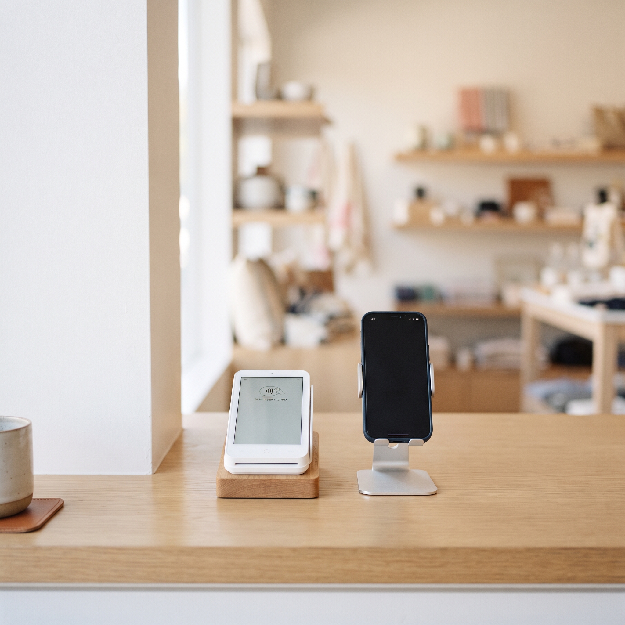 Retail counter with a smartphone and an unbranded certified payment terminal side by side