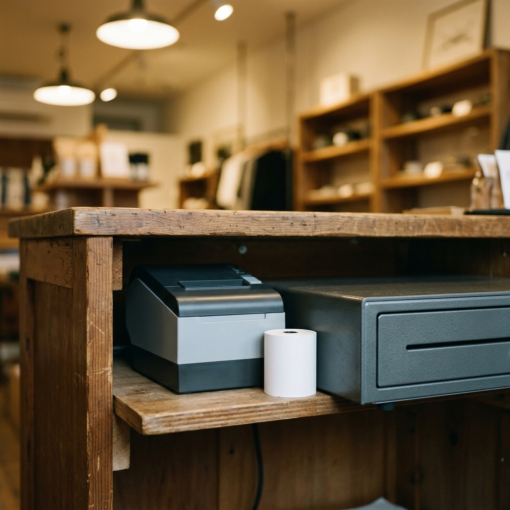 A receipt printer and cash drawer under a counter, hardware a merchant adds only when cash volume justifies it