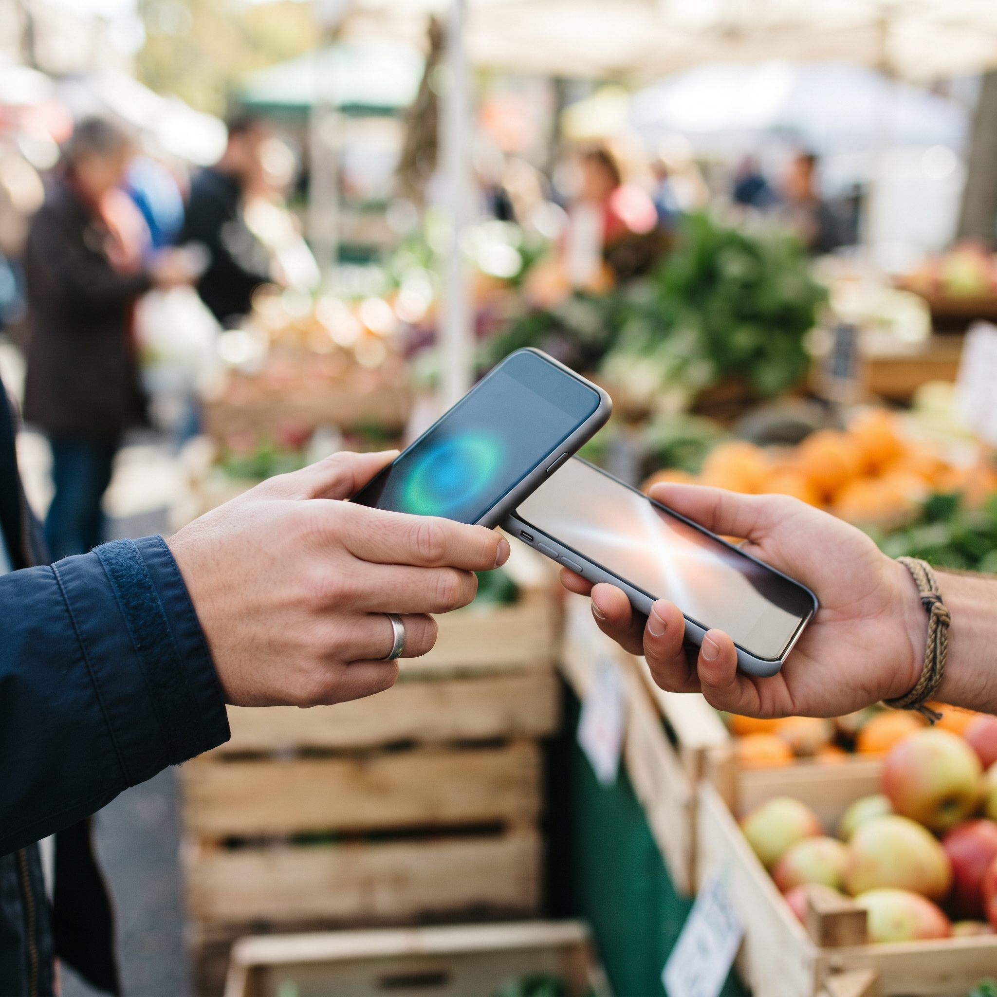 Customer tapping their phone on a merchant's smartphone to pay at a market stall