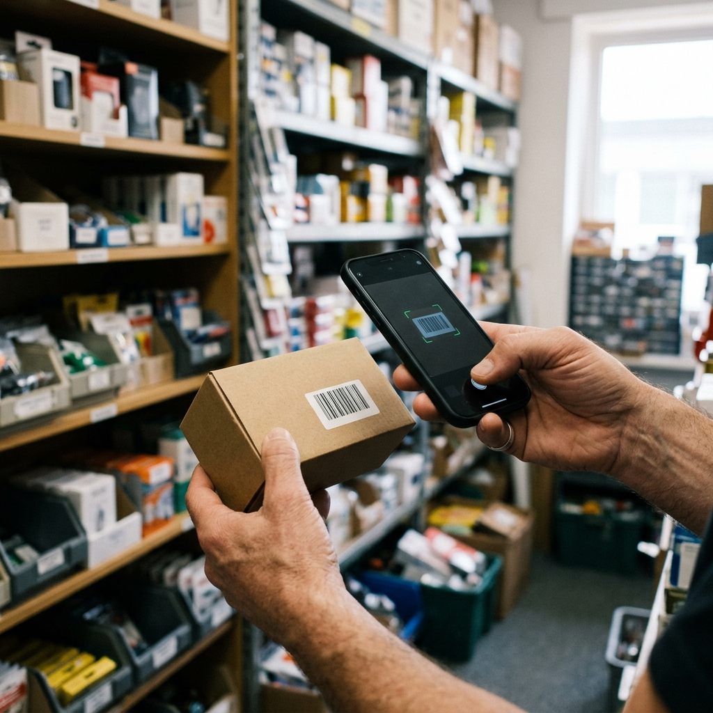 A merchant scans a product barcode with a phone camera instead of buying a dedicated barcode scanner on day one