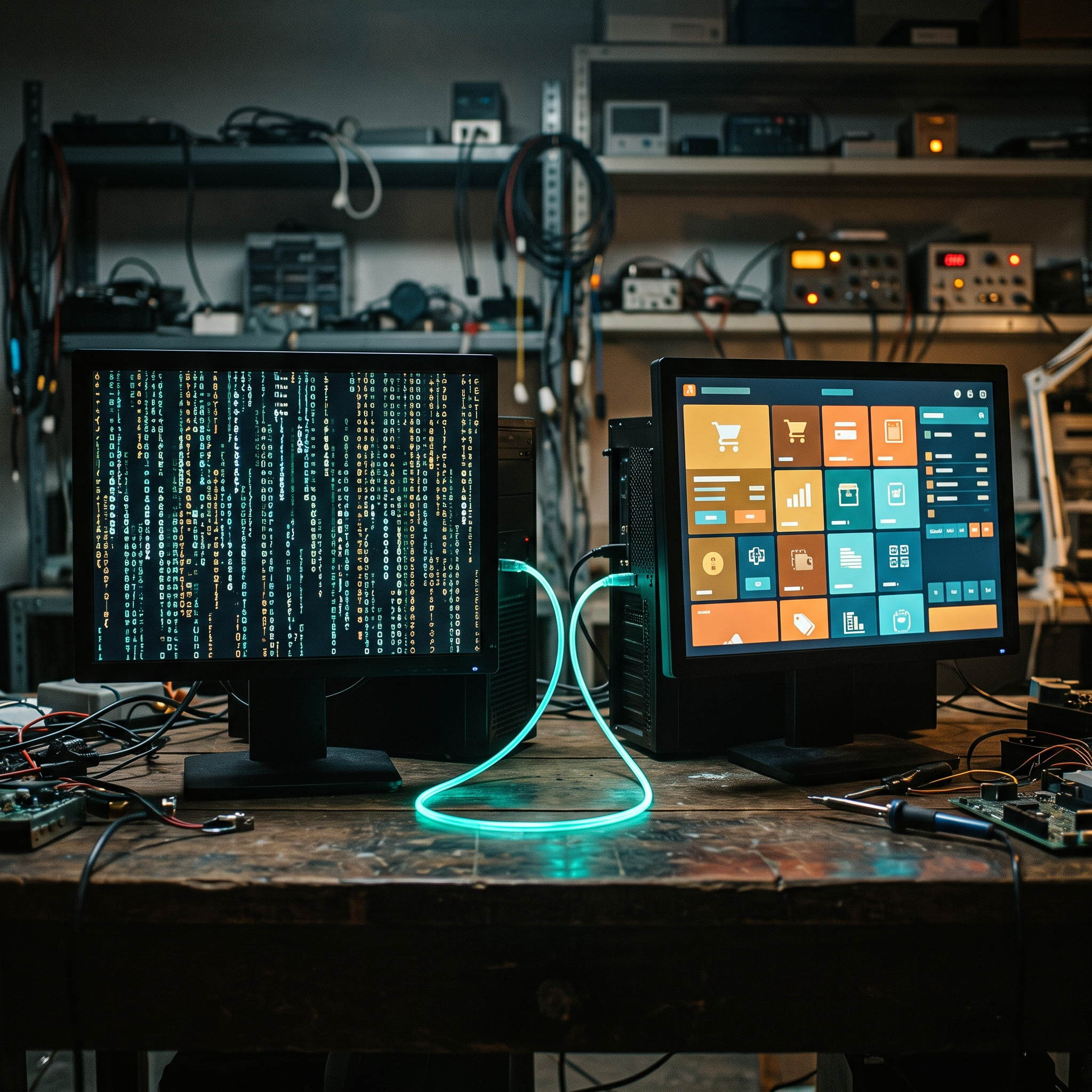 Two screens linked by a glowing cable, an AI model connected over MCP building a POS layout