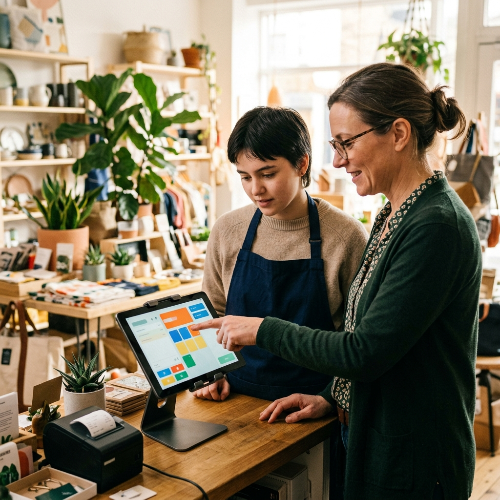 Manager training a staff member on a new POS with individual logins and permissions