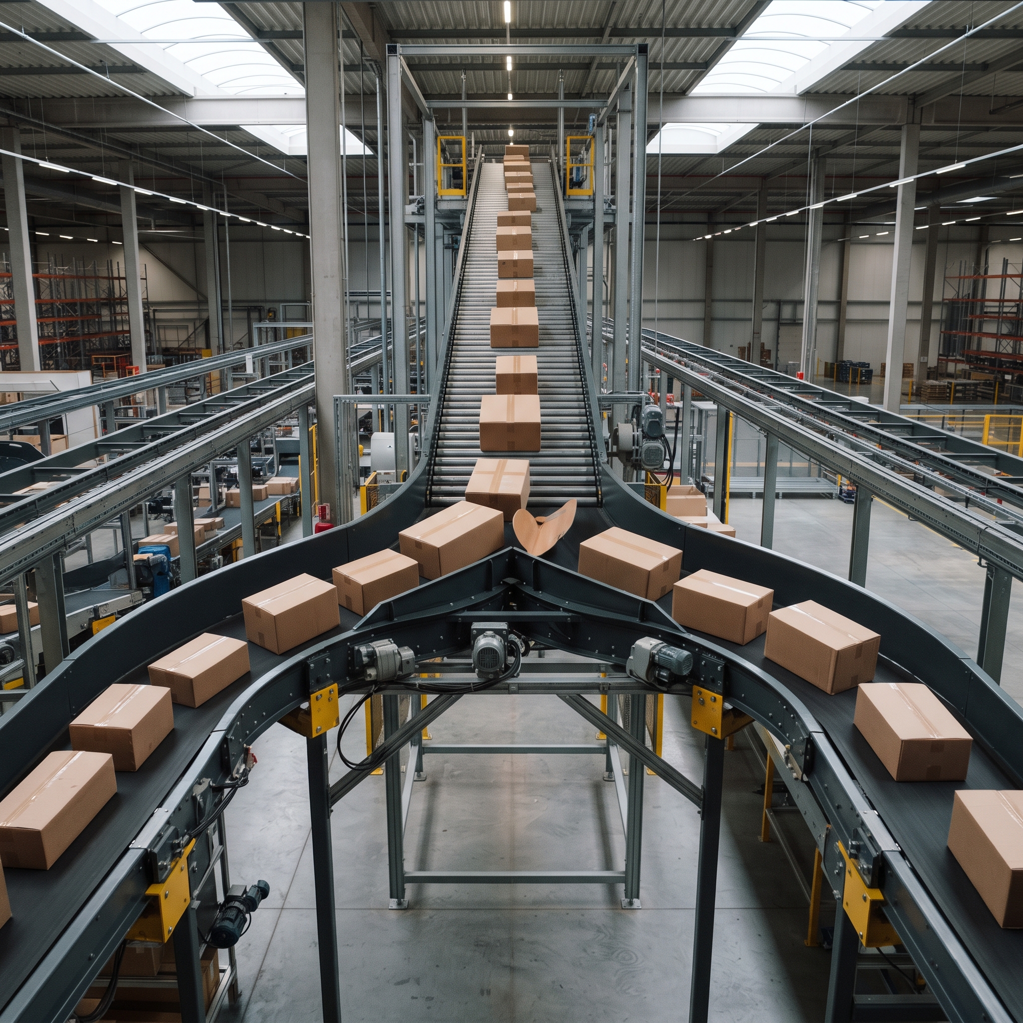 Conveyor splitting packages onto two diverging belts, illustrating which software categories get built in-house and which stay bought