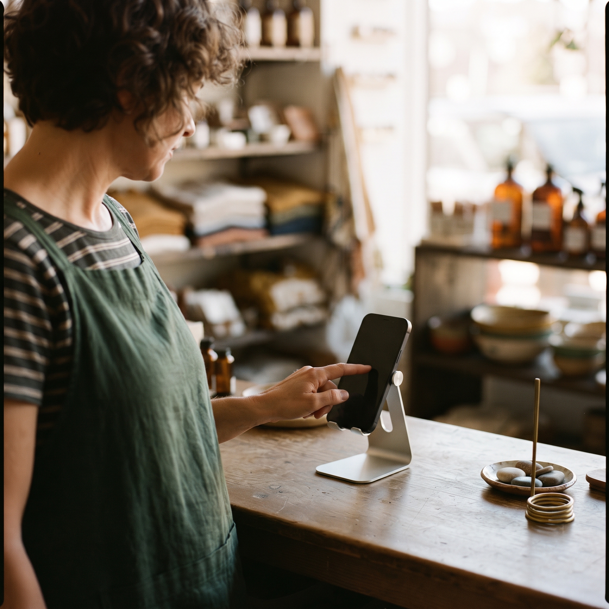 A shopkeeper ringing up a sale on a smartphone at a small shop counter