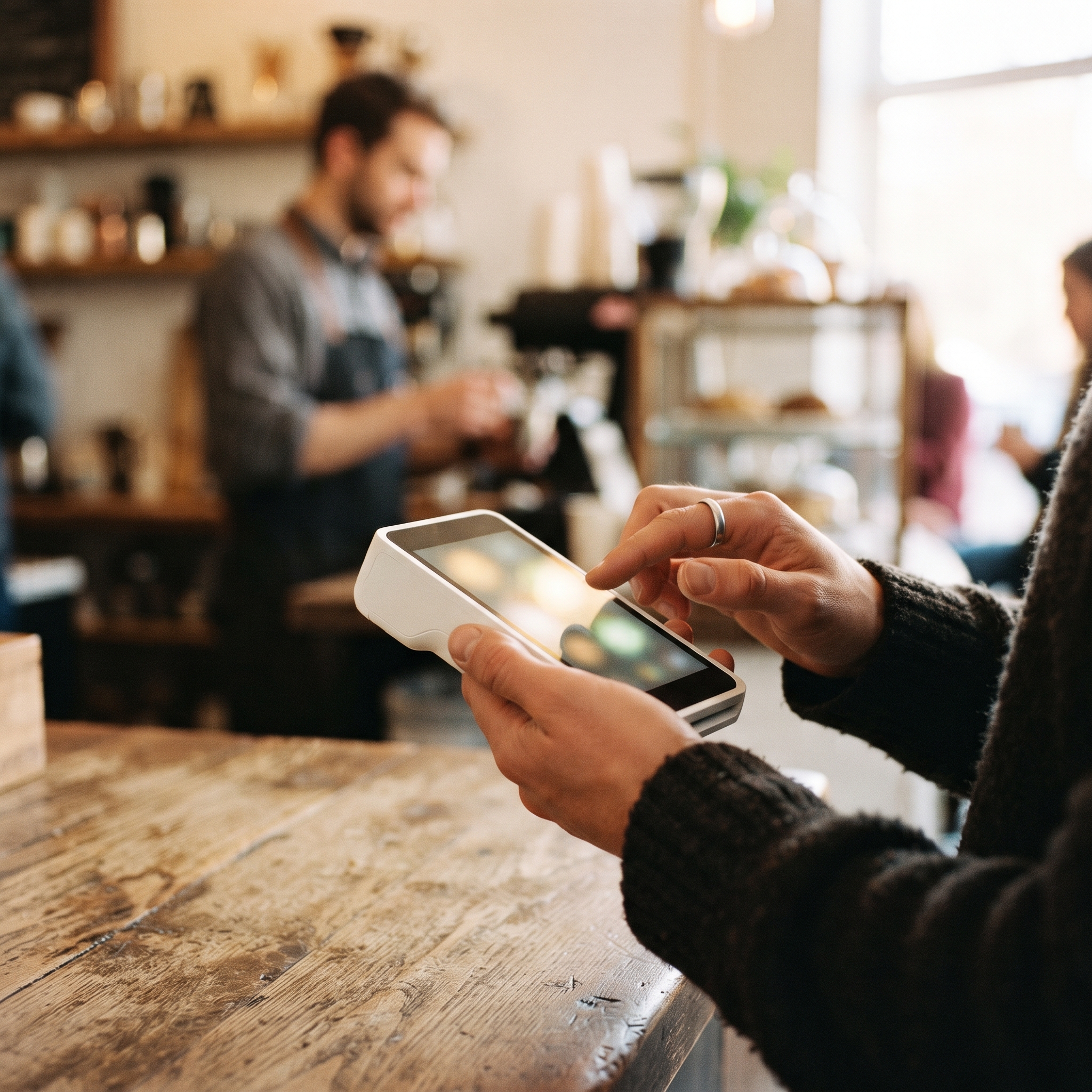 Customer holding a card reader at a cafe counter and choosing an on-reader tipping option on its screen