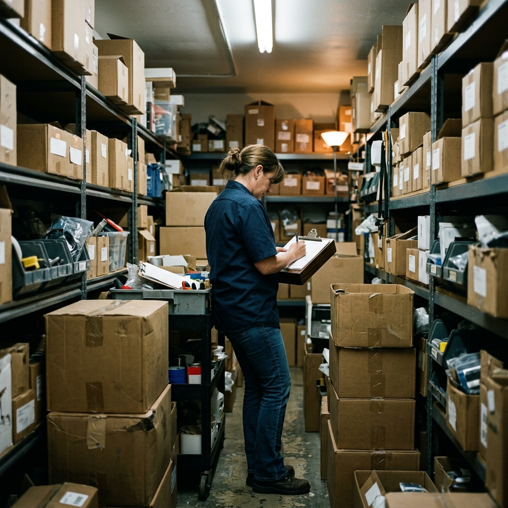 Shop owner counting stock by hand in a stockroom, the manual inventory updates that cause in-store and online counts to drift