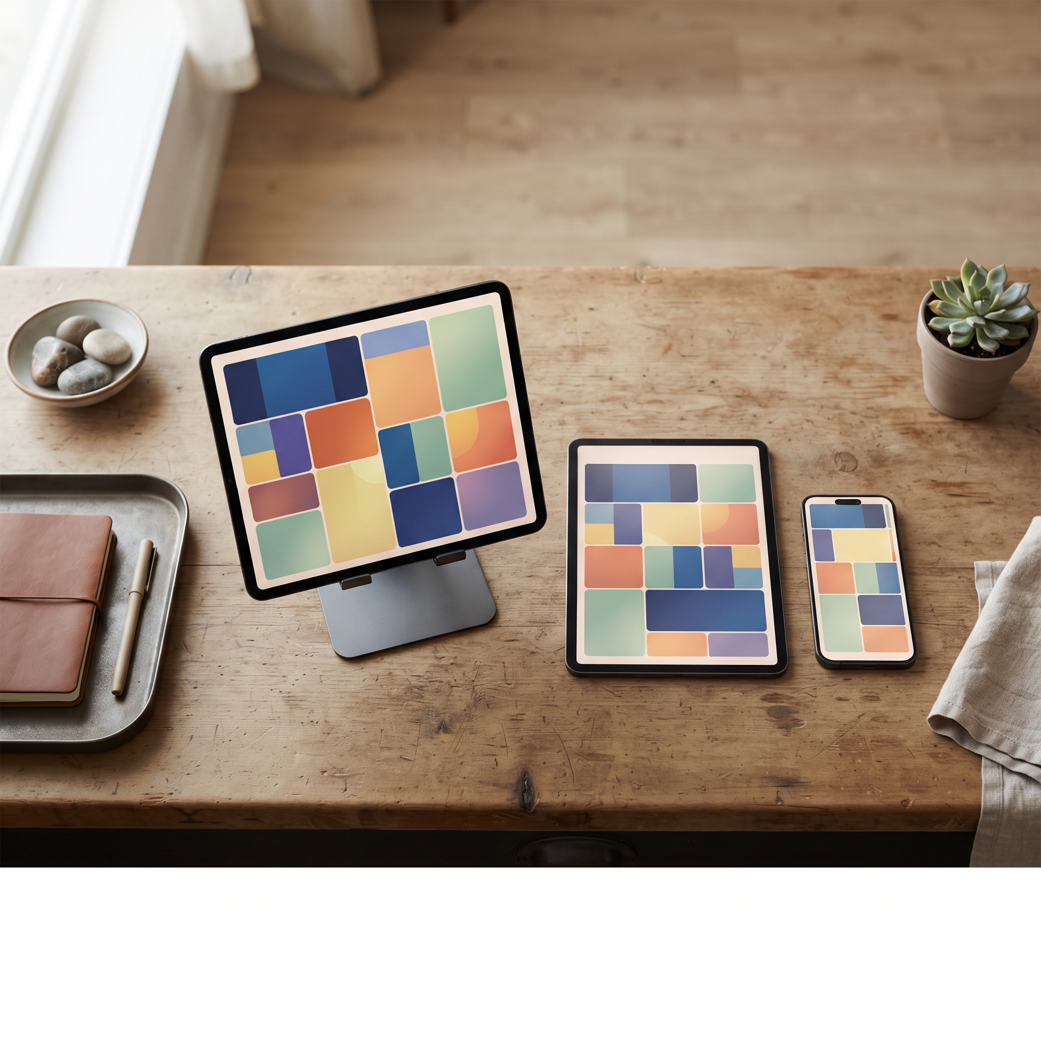 Three devices on a shop counter running the same POS layout on different screens