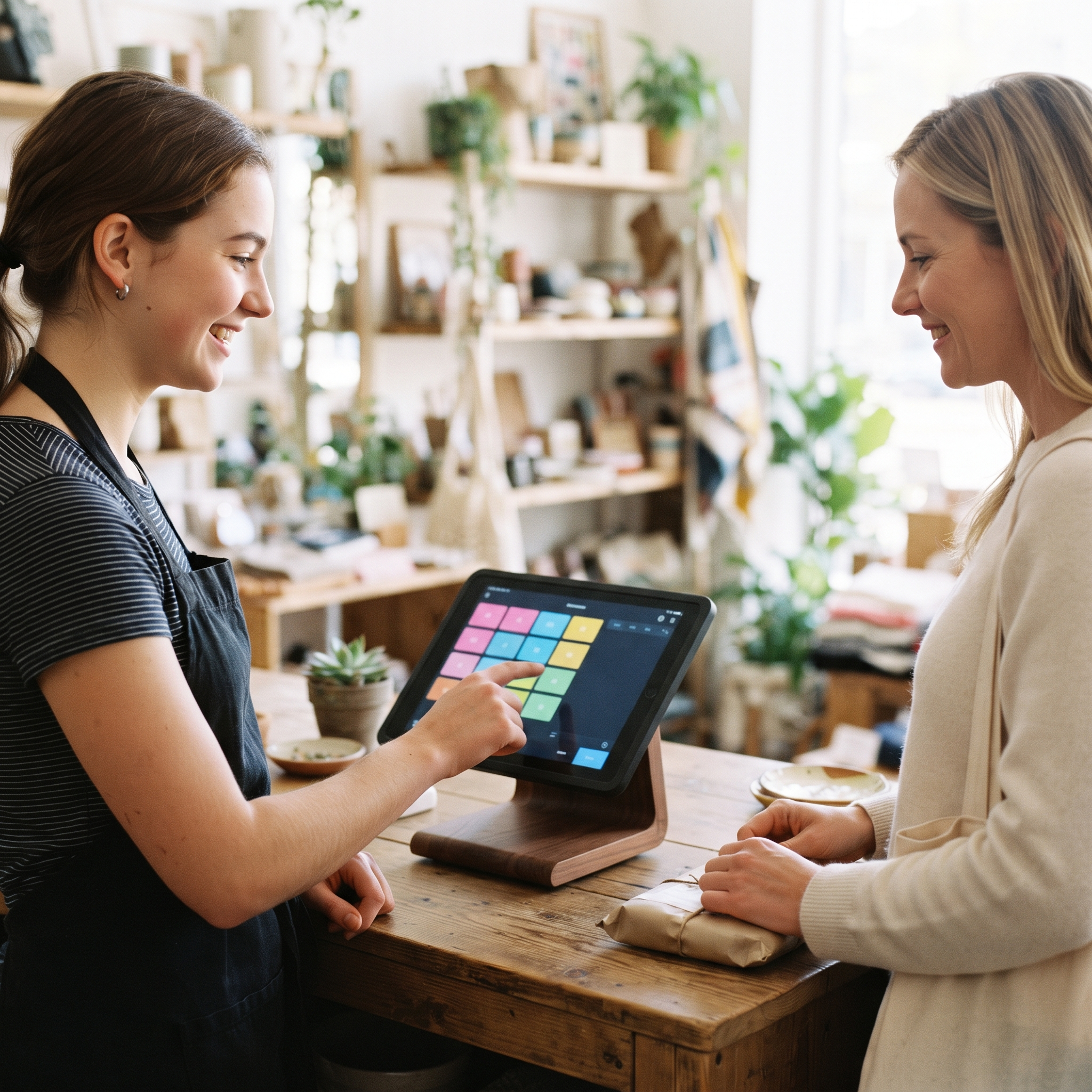 木製のカウンターで、カラフルなスマートグリッドを備えたダークモードのタブレット POS を使って会計を行う店舗スタッフ