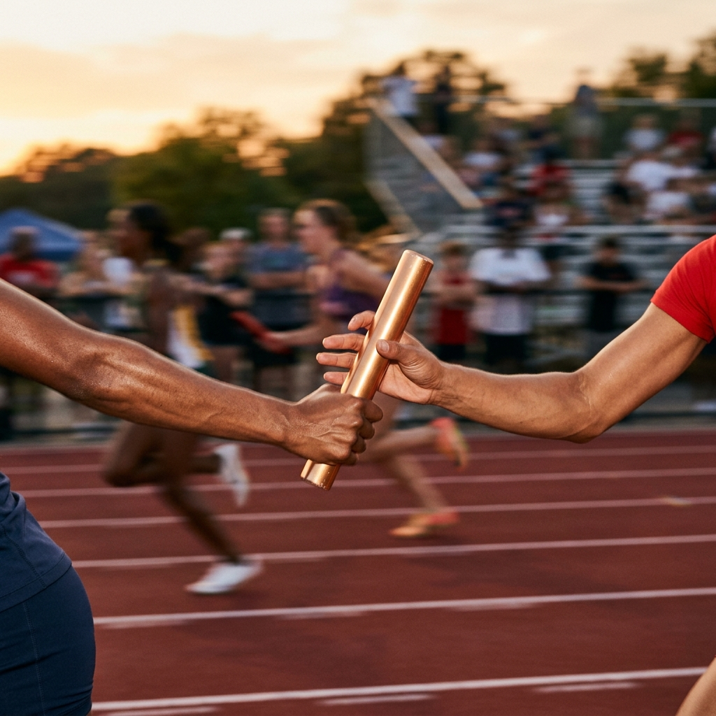 A relay baton handoff mid-race, a metaphor for the many correct steps a POS build demands from an AI model
