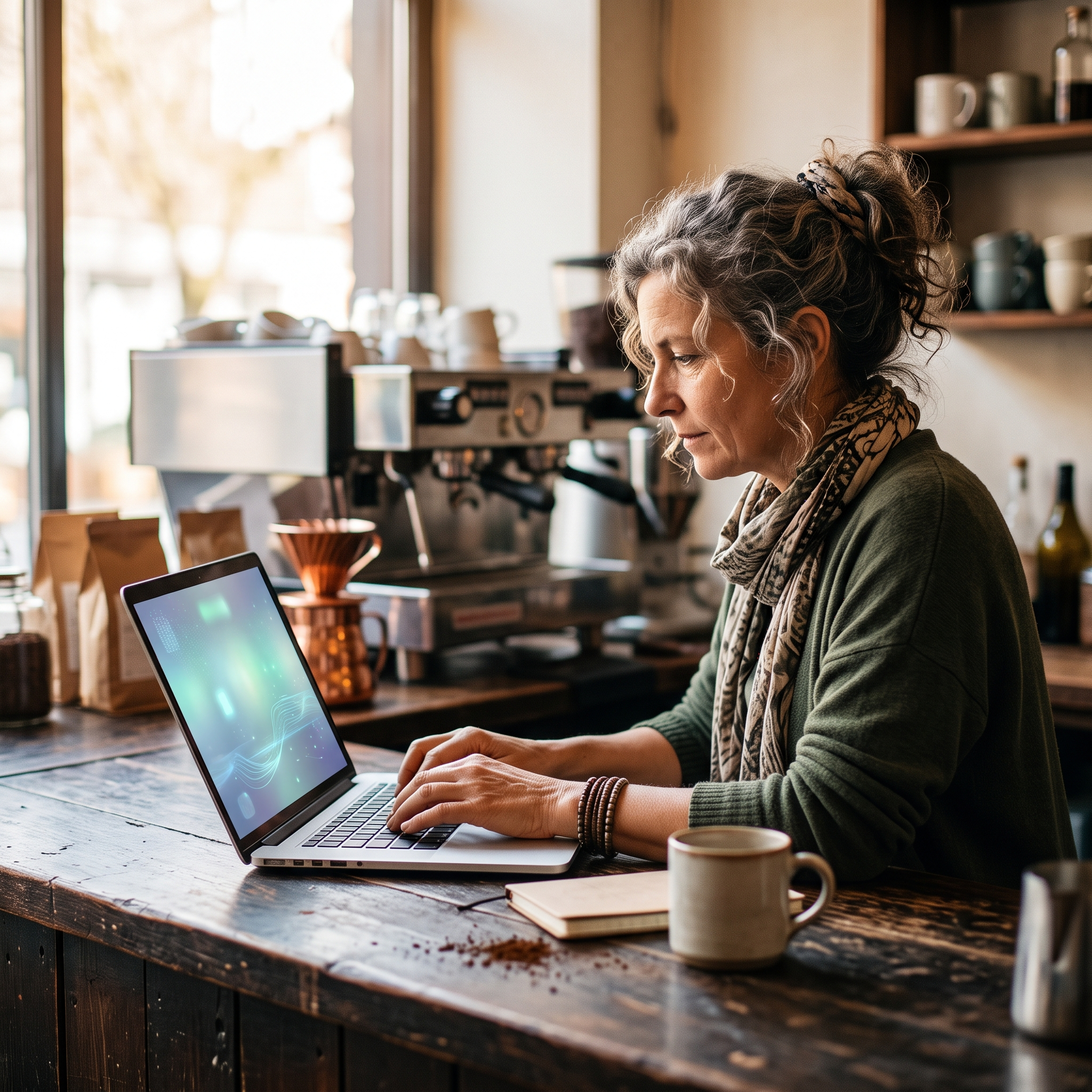 Coffee shop owner vibe coding a point of sale by prompting an AI on a laptop at the counter