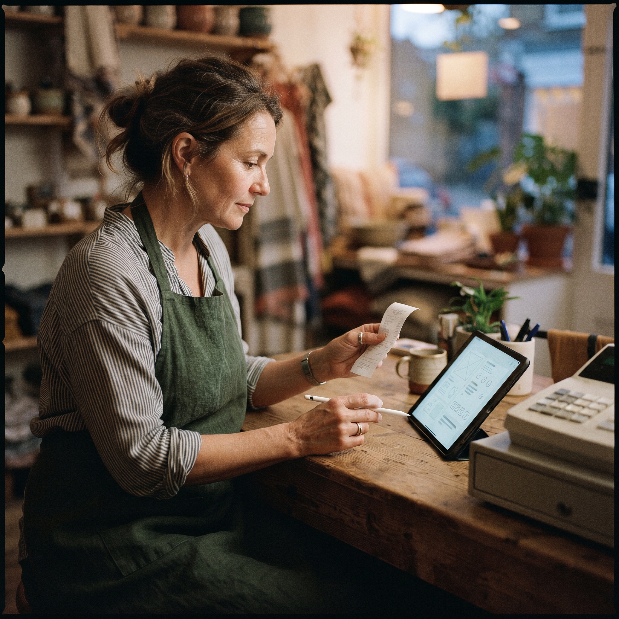 Shop owner comparing a printed receipt with its design layout on a tablet, refining receipt design after hours
