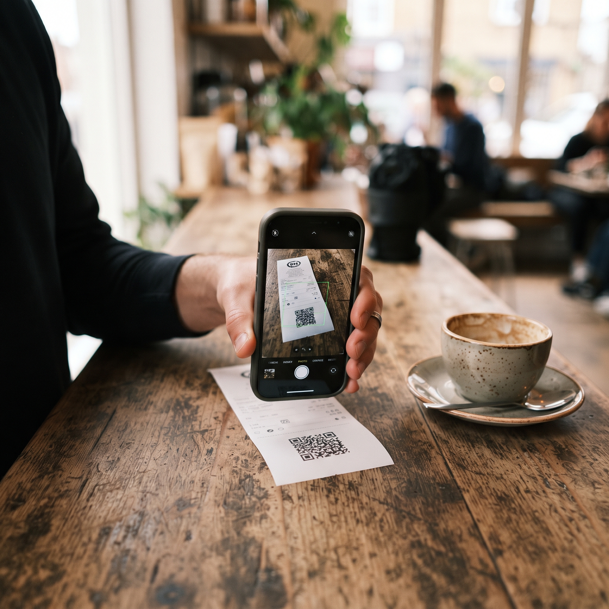 Customer scanning a QR code at the bottom of a printed receipt, a core receipt marketing tactic