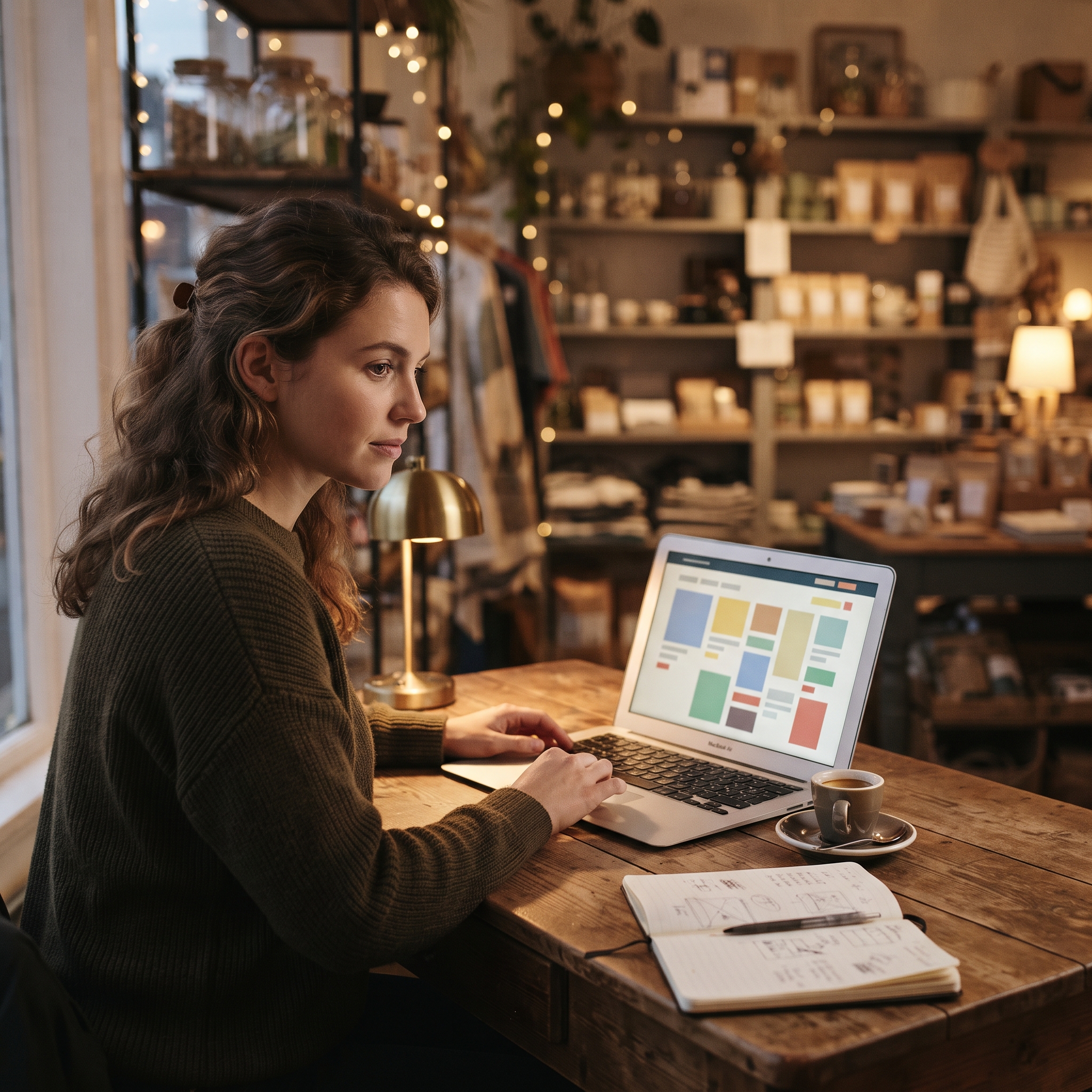 Founder prototyping a checkout interface with an AI app builder on a laptop in a small retail shop
