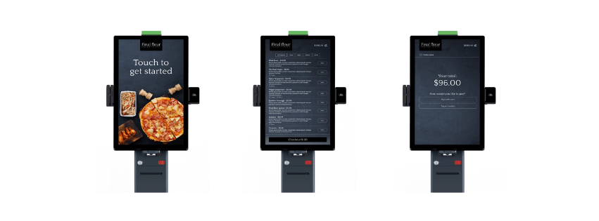 Three kiosk showing custom checkout flows with final pizza template