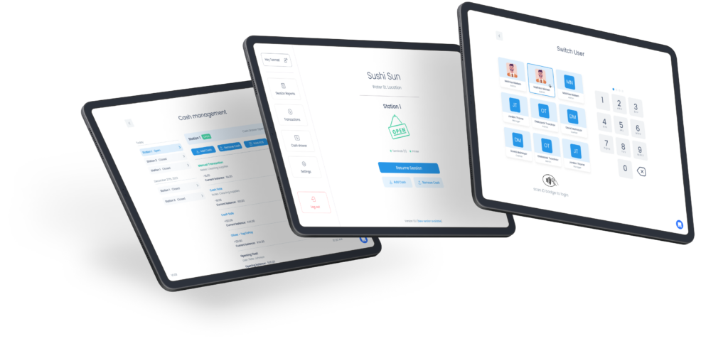 Three tablets showing Final Station a POS app
