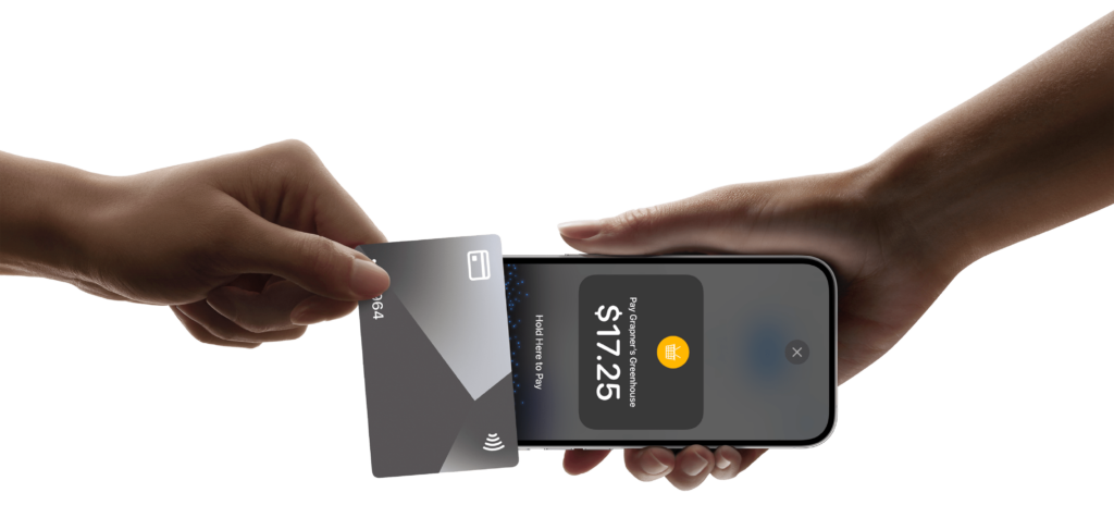 a person holding a credit card and a phone with payment on