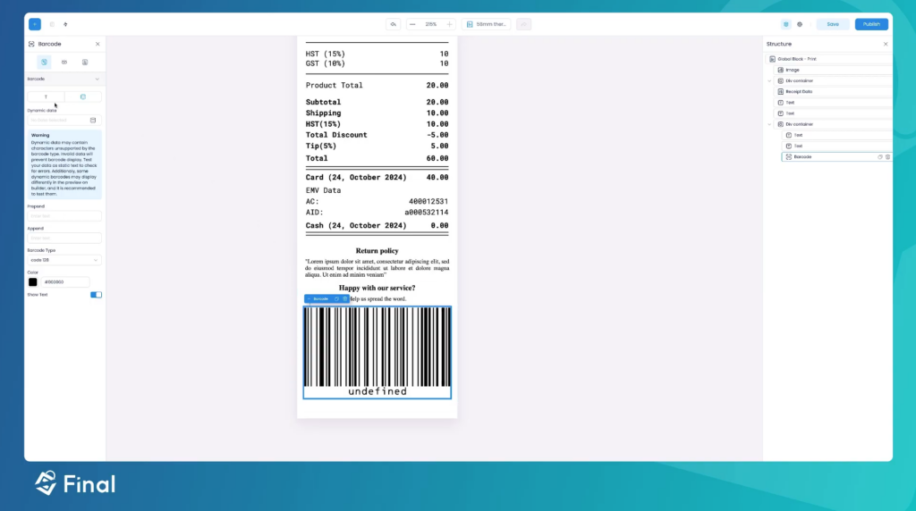 add barcode to receipt