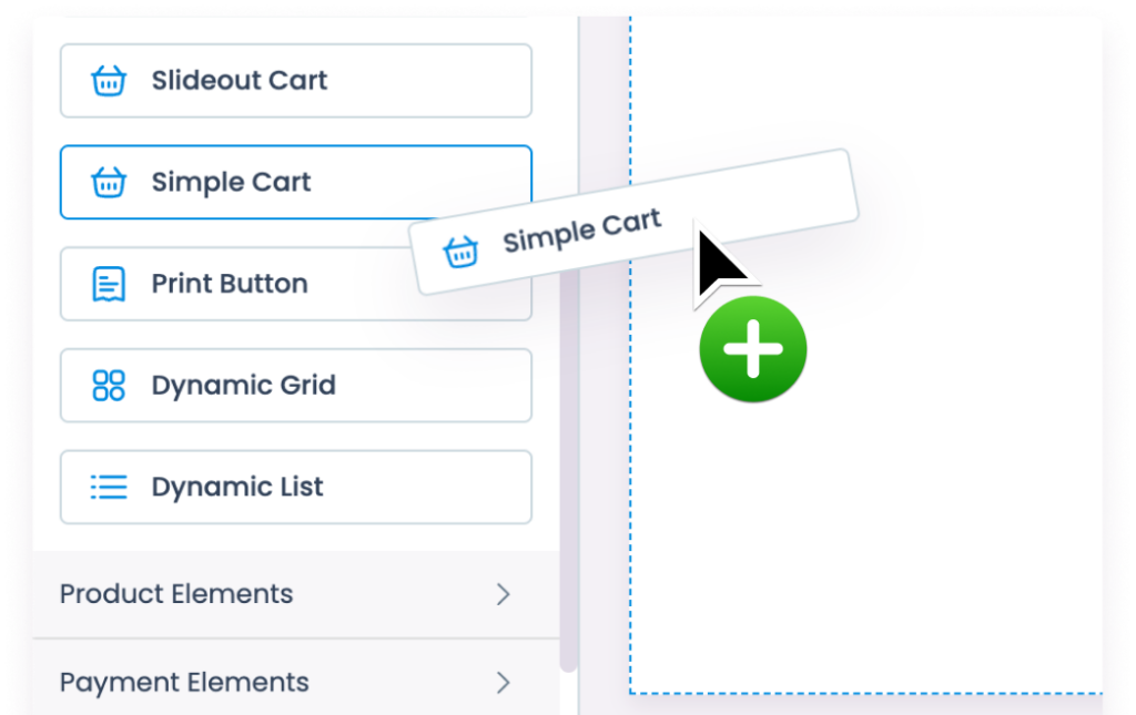 A drag and drop POS builder and a mouse moving an element to the dashboard