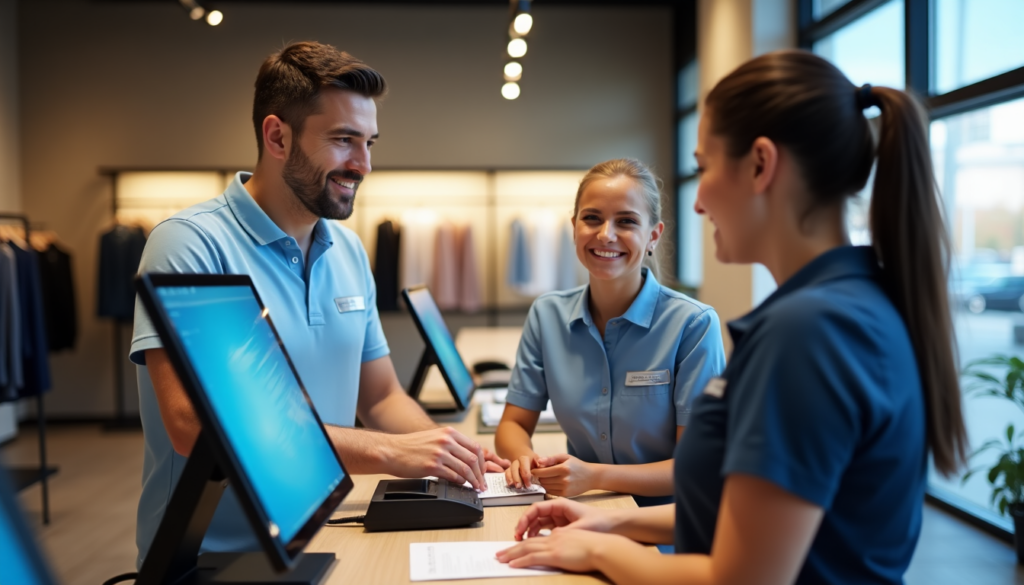 a group of three people in uniform standing at a table and doing POS onboarding