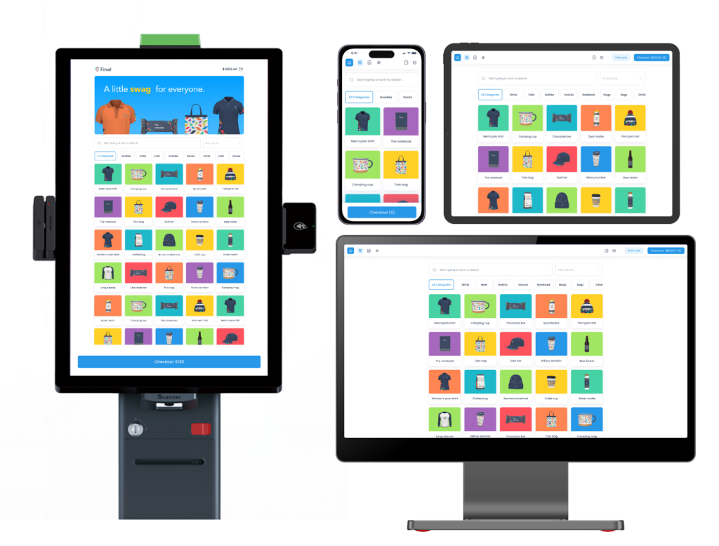 a kiosk, a mobile phone, a tablet, a computer showing POS visual identity with Final