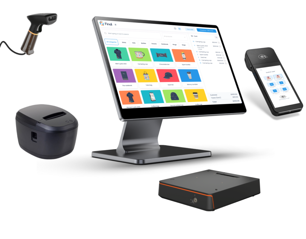 a computer monitor, a barcode scanner, a receipt printers, and a payment terminal