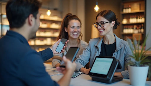three people looking at POS CRM features on their phones