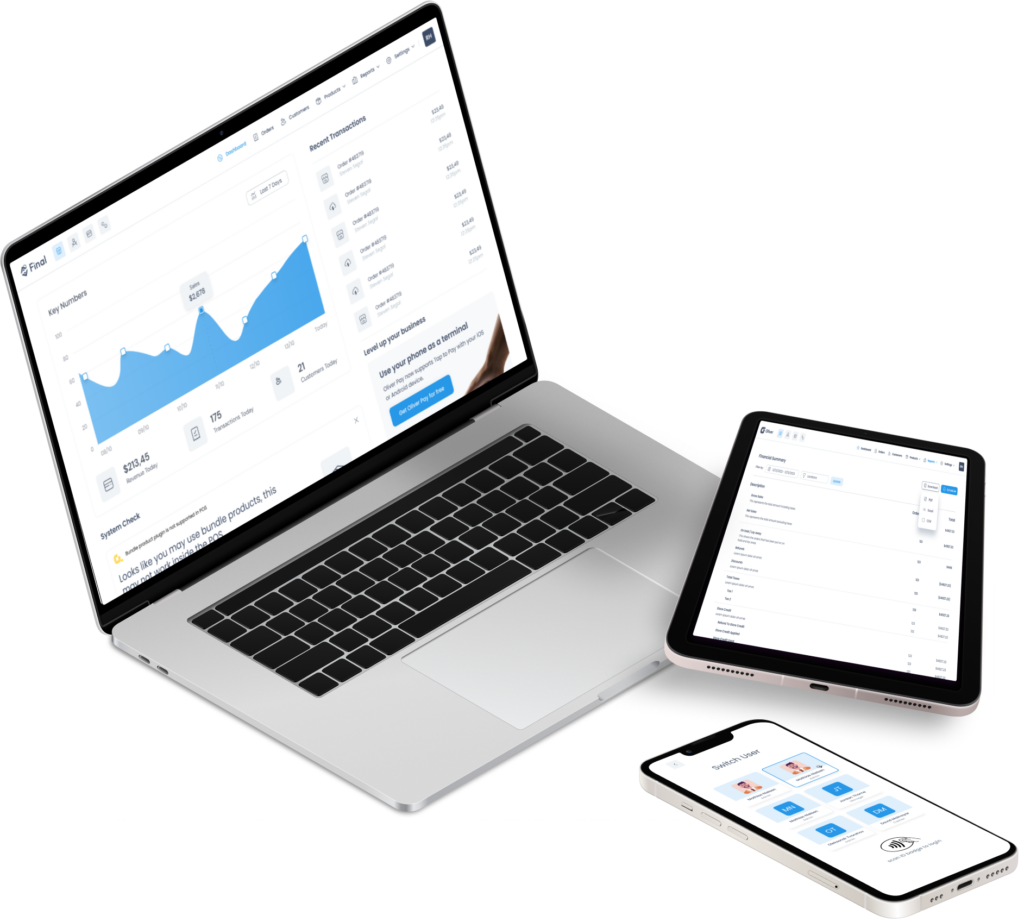 a laptop, an ipad and phone showing Final HUB a POS management system