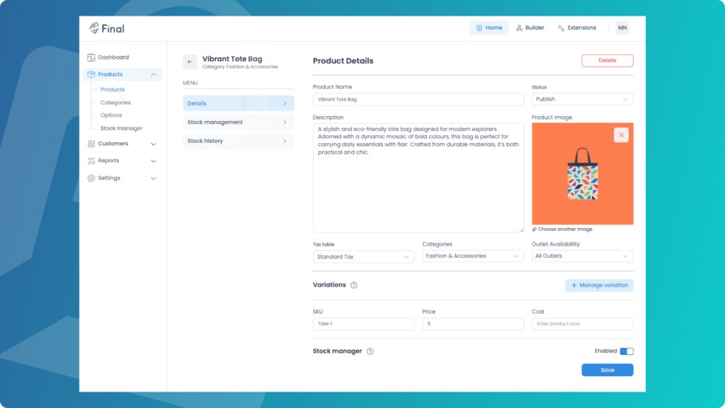 a dashboard showing the product details in final HUB