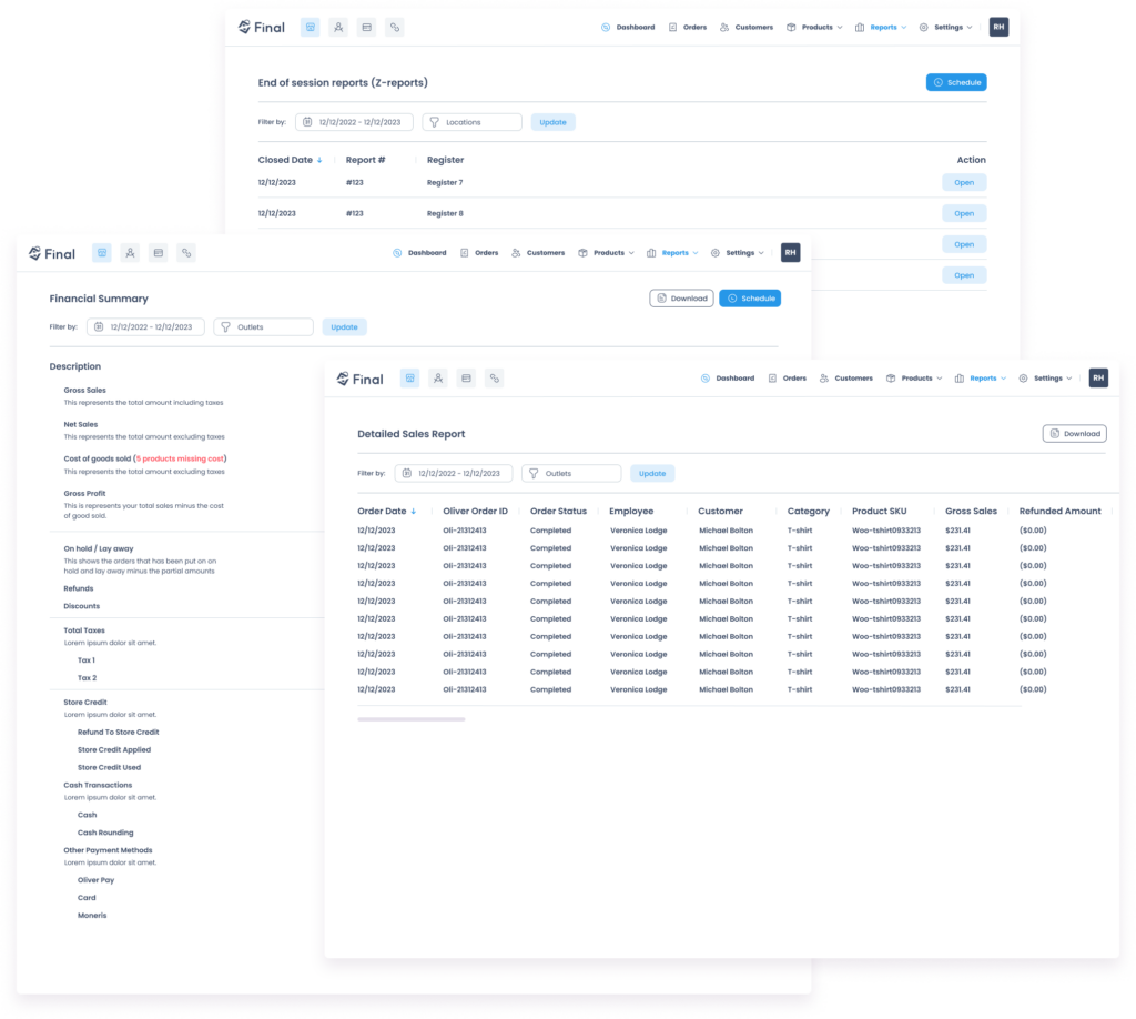 three screenshots from three payment reports in Final Hub
