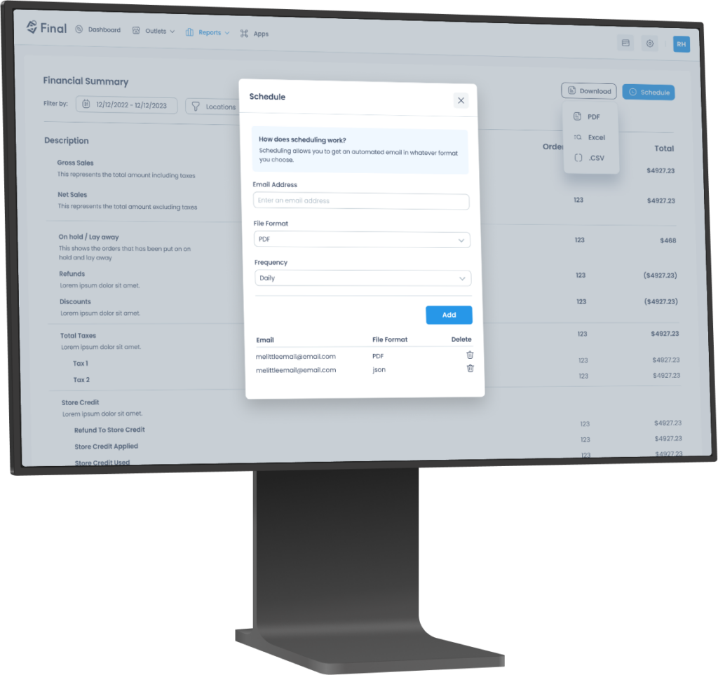 a computer screen showing financial summary