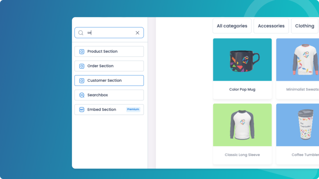 User interface of Final POS Builder showing a customizable POS system a search bar with different sections, including Product, Order, and Customer sections, alongside a product catalog